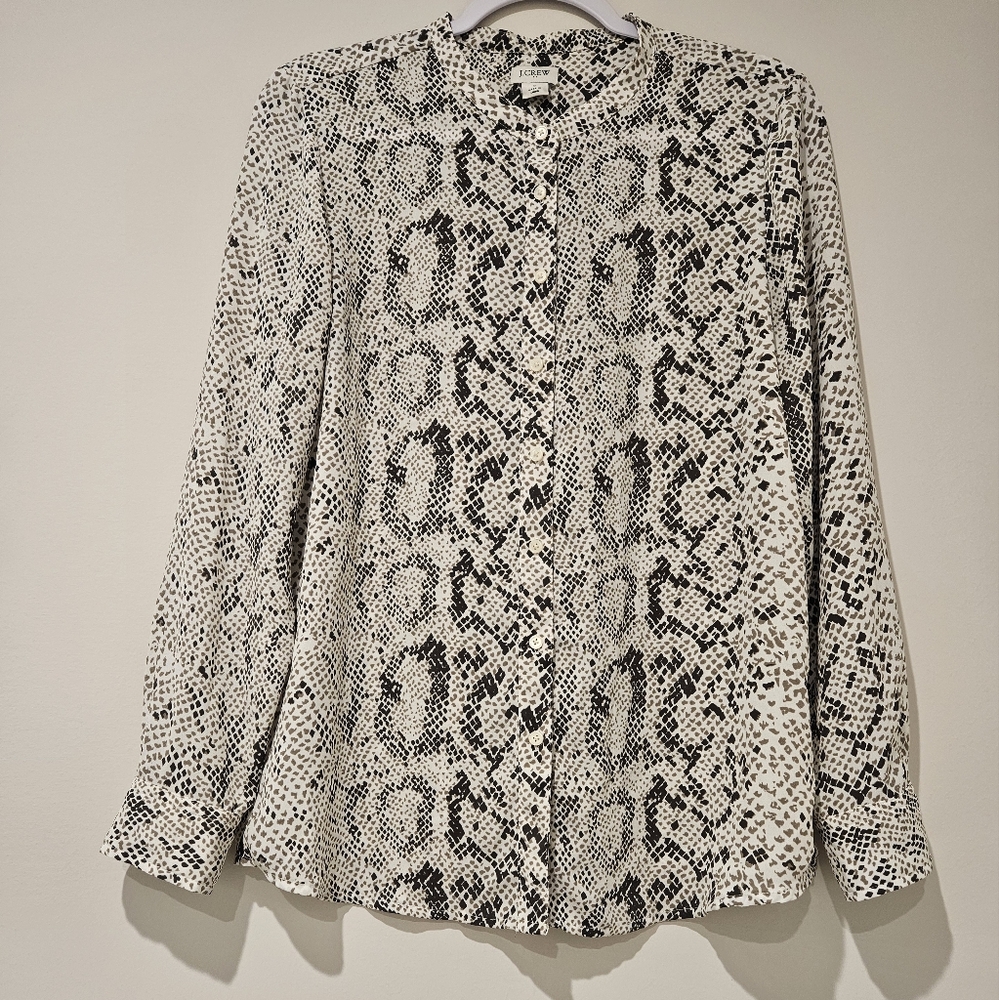 J. Crew Snake Print Long Sleeve Button Up Blouse, Size Small, Grey And White